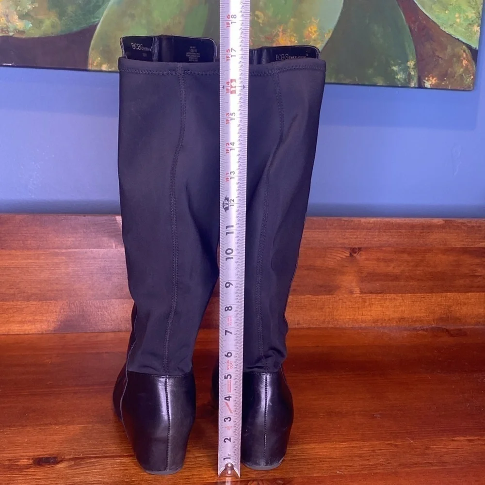 BCBG black leather & fabric tall knee high hidden wedge boots black size 10